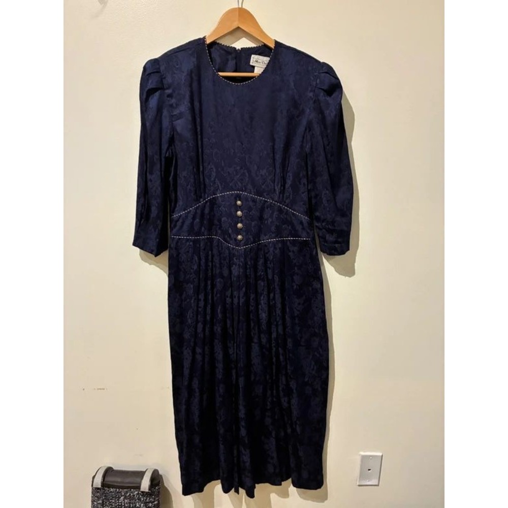 Miss Dorby Vintage Navy Blue Floral Jacquard Midi Dress Puffed Sleeve Size 14
